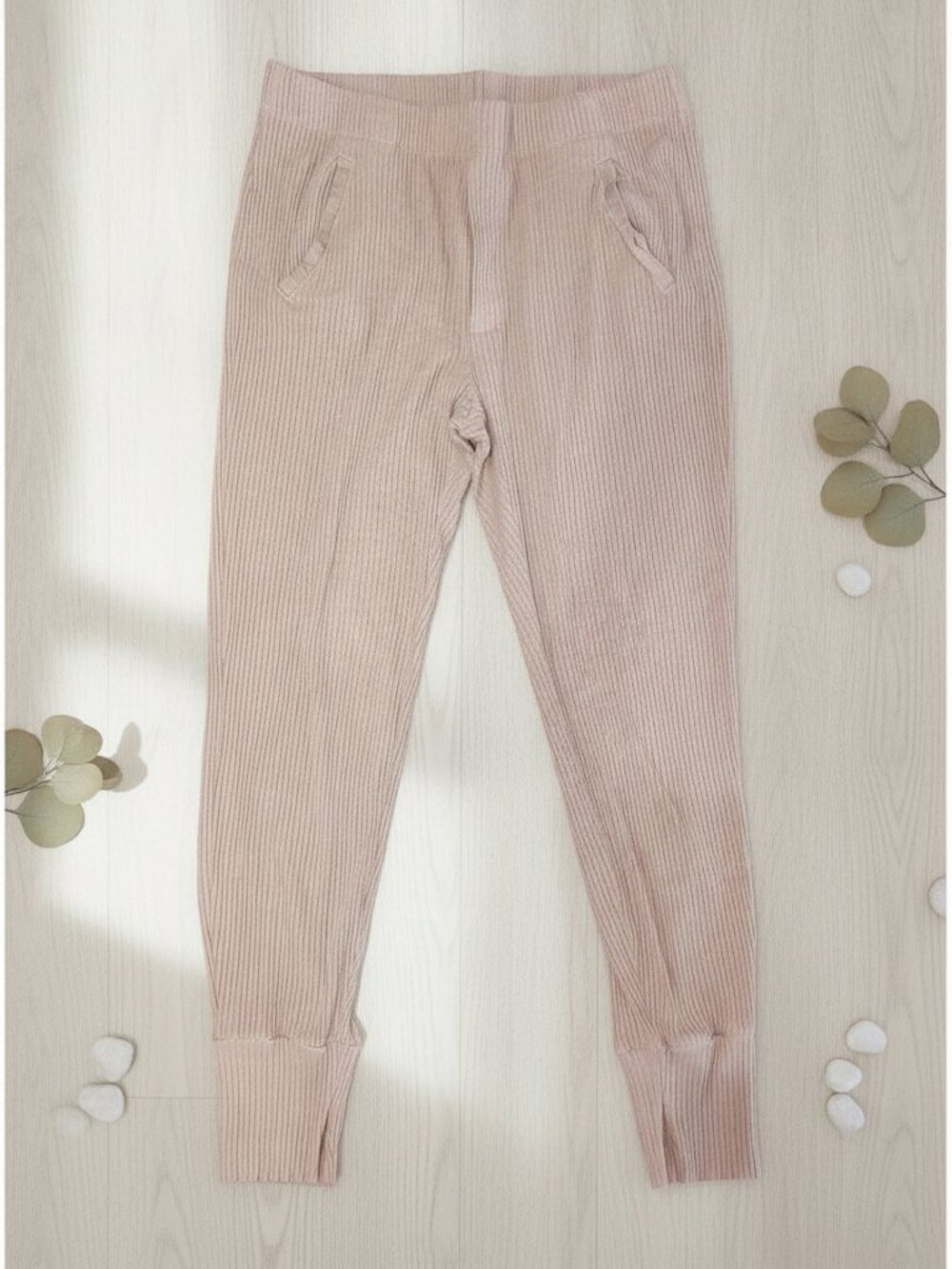 Enza Costa Tan Sweater Ribbed Knit Split Cuff Joggers